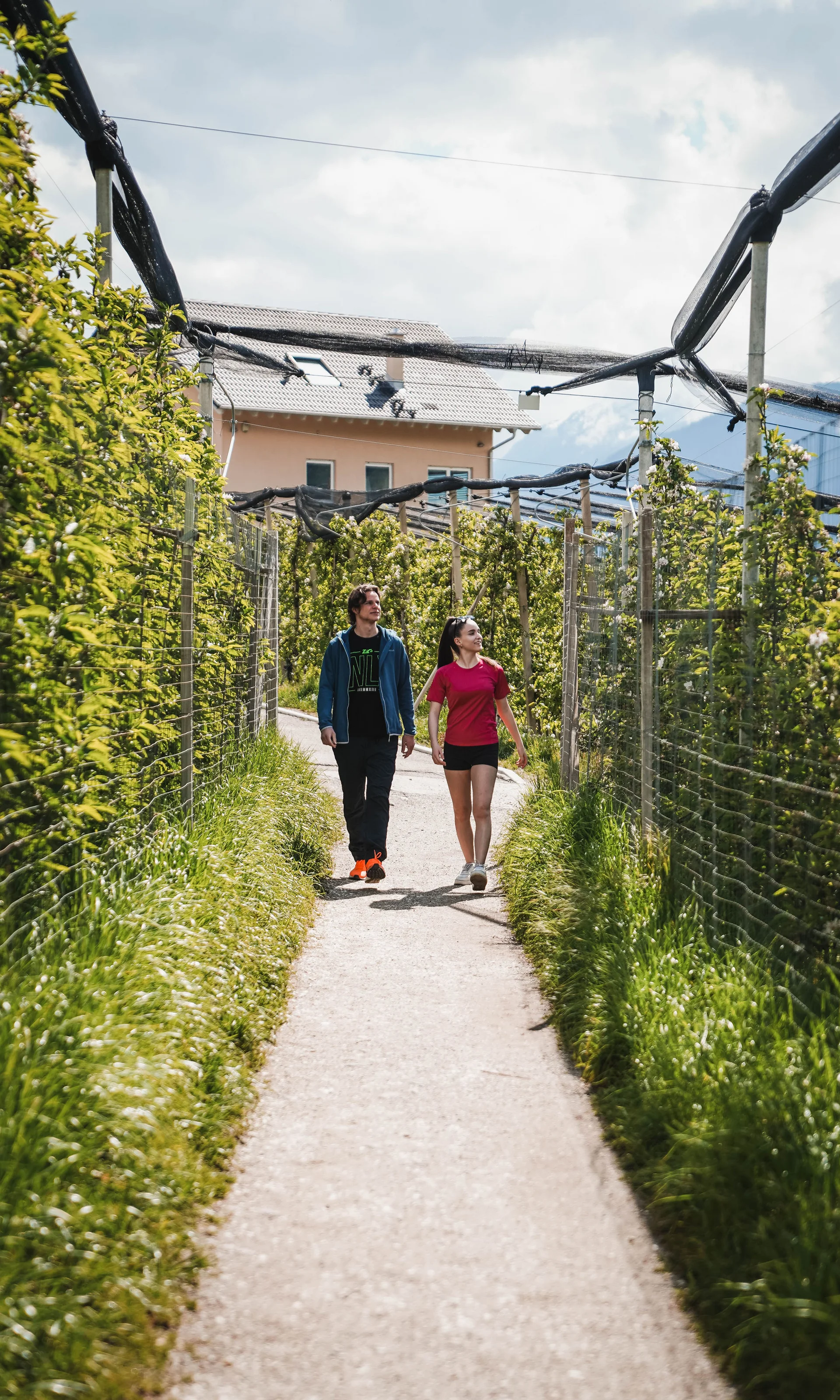 Euer Hotel in Schenna für Momente in #echtzeit Zwei Menschen spazieren auf Weg zwischen Obstplantagen mit Netzen